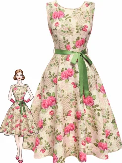 Clearance Retro Stage 1950s Rose Pictorial Belted Dress Multicolor