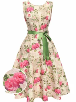 Clearance Retro Stage 1950s Rose Pictorial Belted Dress Multicolor