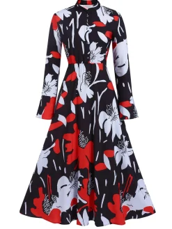 Best Retro Stage 1940s Round Neck Floral A-Line Dress Multicolor