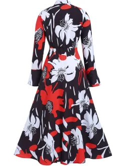 Best Retro Stage 1940s Round Neck Floral A-Line Dress Multicolor