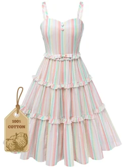 Best Retro Stage 1950s Spaghetti Strap Striped Dress Multicolor
