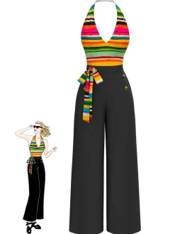 Discount Retro Stage 1970s Striped Bow Halter Jumpsuit Multicolor