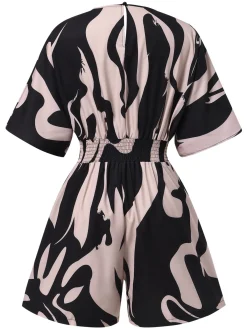 Outlet Retro Stage 1940s Surplice V-Neck Printed Batwing Romper Multicolor