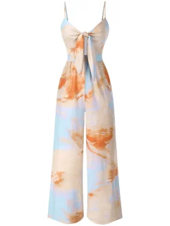 Sale Retro Stage 1930s Suspender Lace-up Ruched Jumpsuit Multicolor