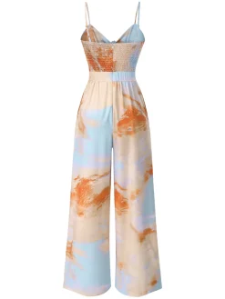 Sale Retro Stage 1930s Suspender Lace-up Ruched Jumpsuit Multicolor