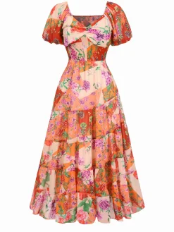 Online Retro Stage 1930s Sweetheart Neck Floral Maxi Dress Multicolor