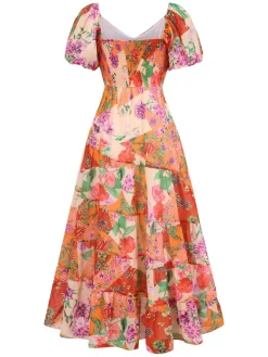 Online Retro Stage 1930s Sweetheart Neck Floral Maxi Dress Multicolor