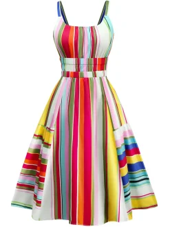 Clearance Retro Stage 1950s Tie Back Barcode Stripe Dress Multicolor