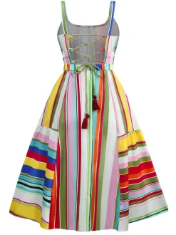Clearance Retro Stage 1950s Tie Back Barcode Stripe Dress Multicolor