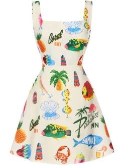 Outlet Retro Stage 1960s Tropical Fruits Wide-Straps Dress Multicolor