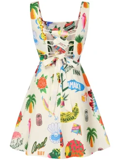 Outlet Retro Stage 1960s Tropical Fruits Wide-Straps Dress Multicolor