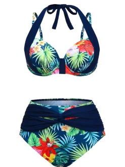 New Retro Stage 1950s Tropical Plants Patchwork Bikini Set Multicolor