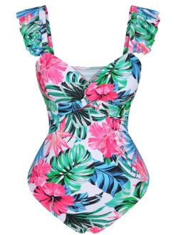 Hot Retro Stage 1970s Tropical Plants Ruffles Swimsuit Multicolor