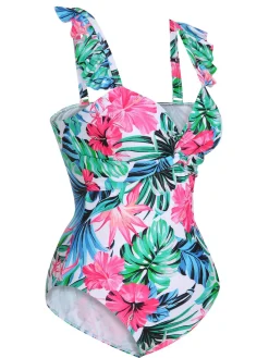 Hot Retro Stage 1970s Tropical Plants Ruffles Swimsuit Multicolor