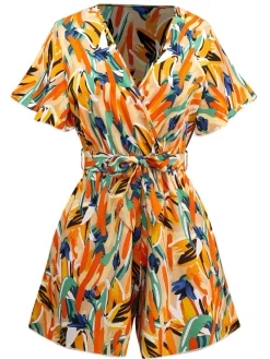 Discount Retro Stage 1980s V-Neck Abstract Print Belted Romper Multicolor