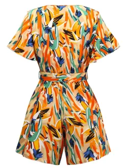 Discount Retro Stage 1980s V-Neck Abstract Print Belted Romper Multicolor