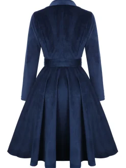 New Retro Stage 1950s Corduroy Long Coat Navy Blue