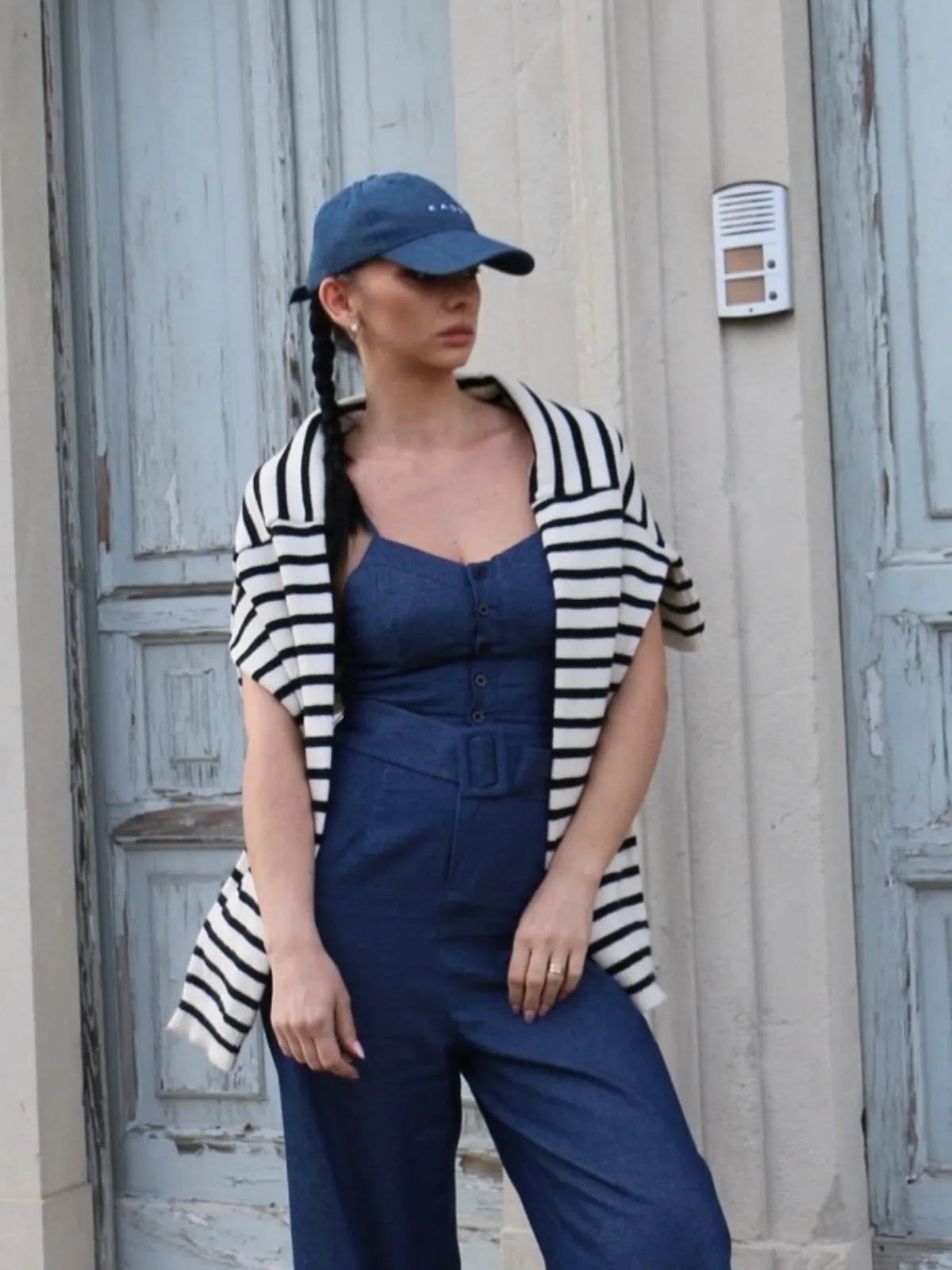 Fashion Retro Stage 1930s Cowboy Solid Strap Jumpsuit Navy Blue