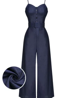 Sale Retro Stage 1930s Cowboy Solid Strap Jumpsuit Navy Blue