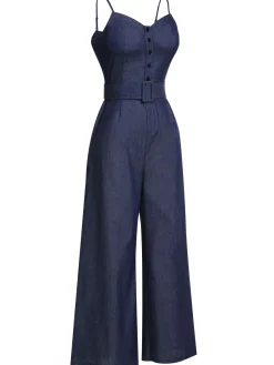 Sale Retro Stage 1930s Cowboy Solid Strap Jumpsuit Navy Blue