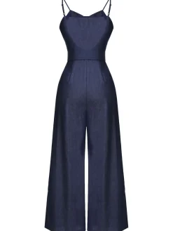 Sale Retro Stage 1930s Cowboy Solid Strap Jumpsuit Navy Blue