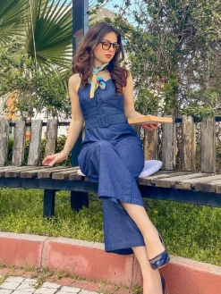 Best Retro Stage 1930s Cowboy Solid Strap Jumpsuit Navy Blue