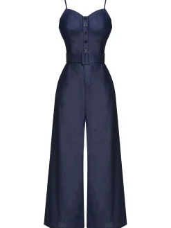 Best Retro Stage 1930s Cowboy Solid Strap Jumpsuit Navy Blue