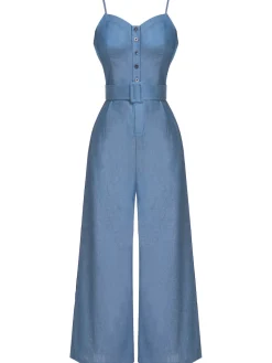 Outlet Retro Stage Navy Blue 1930s Cowboy Solid Strap Jumpsuit