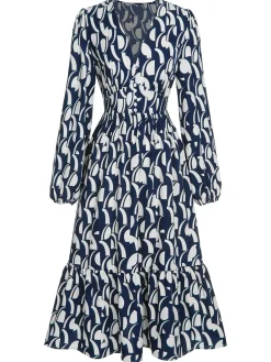 Online Retro Stage 1930s Geometric Printed V-Neck Dress Navy Blue