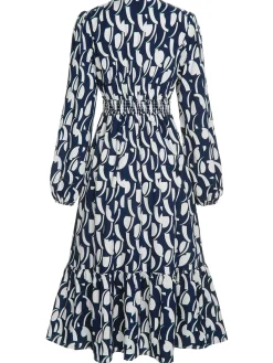 Online Retro Stage 1930s Geometric Printed V-Neck Dress Navy Blue