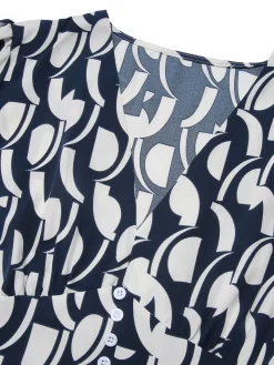 Online Retro Stage 1930s Geometric Printed V-Neck Dress Navy Blue