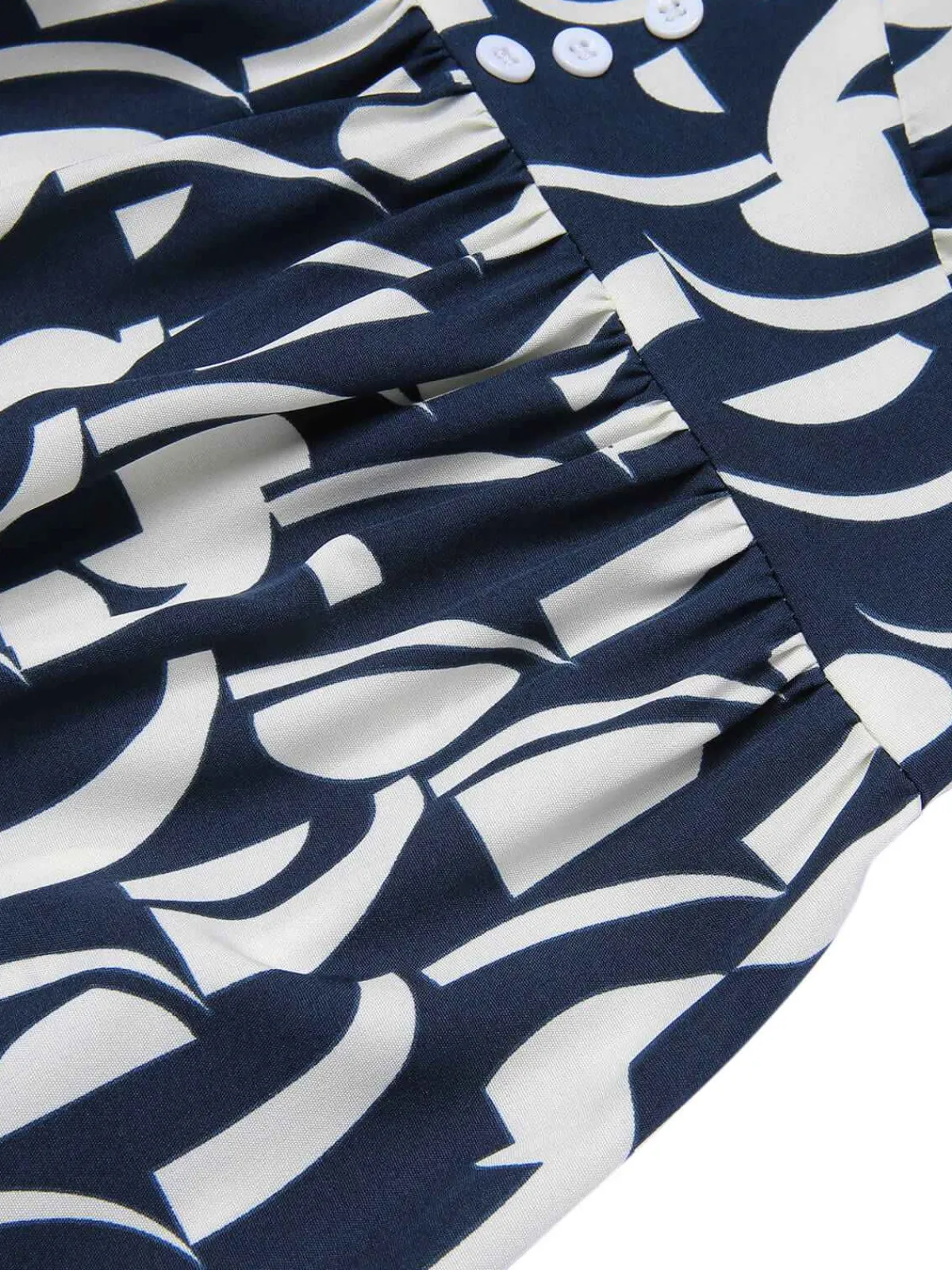 Online Retro Stage 1930s Geometric Printed V-Neck Dress Navy Blue