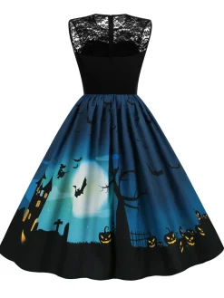 Discount Retro Stage 1950s Halloween Lace Patchwork Dress Navy Blue