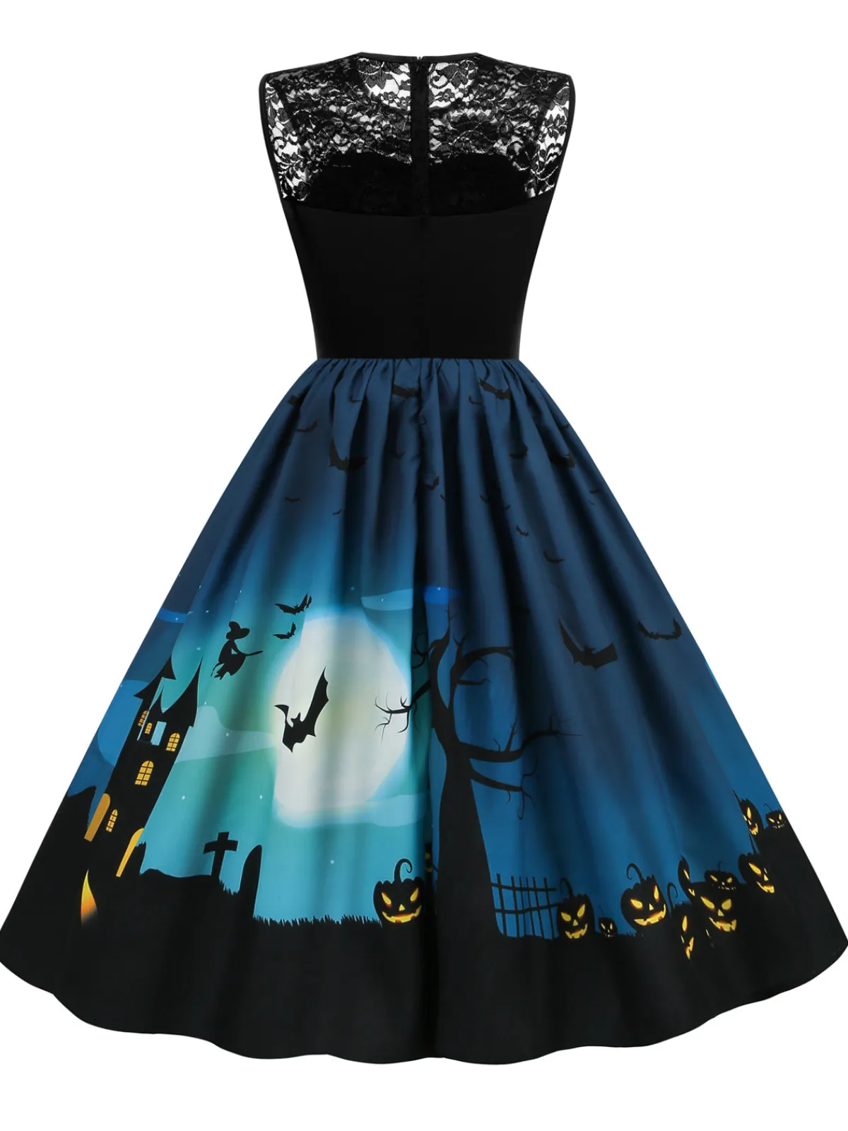 Discount Retro Stage 1950s Halloween Lace Patchwork Dress Navy Blue