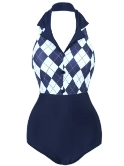 Online Retro Stage 1930s Halter Plaid One-Piece Swimsuit Navy Blue