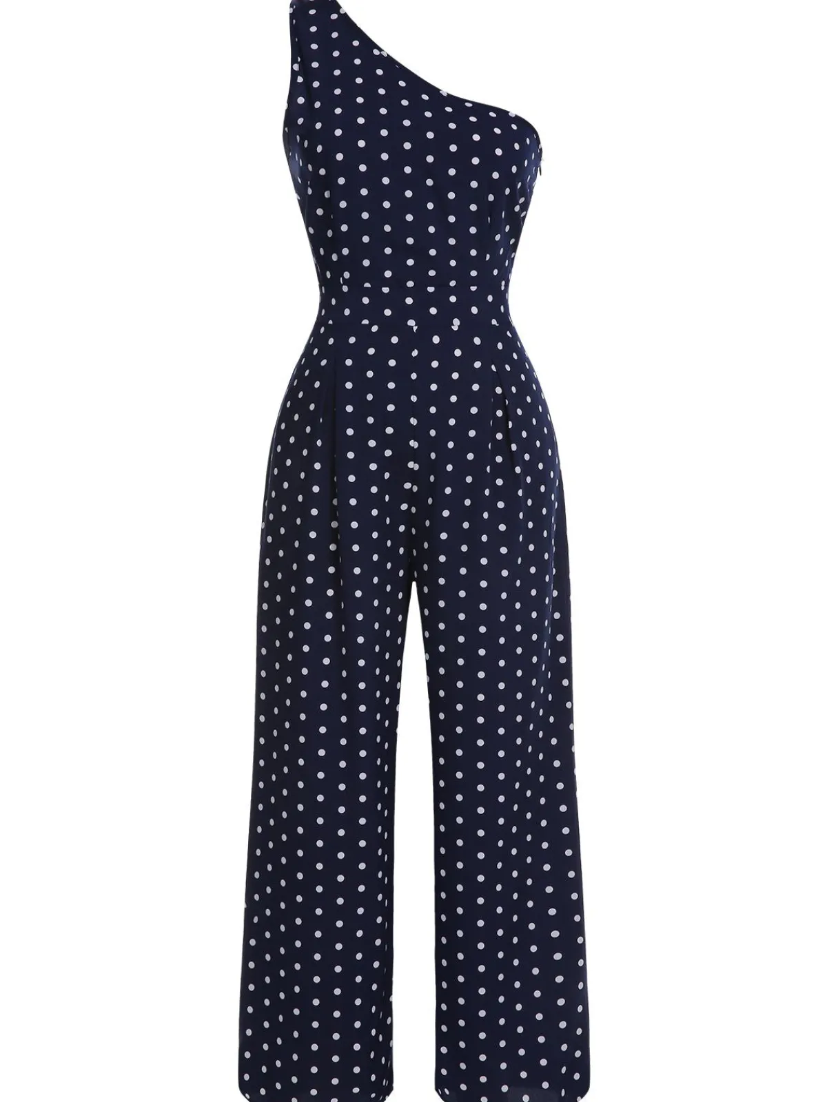 Clearance Retro Stage 1930s One-shoulder Dot Jumpsuit Navy Blue