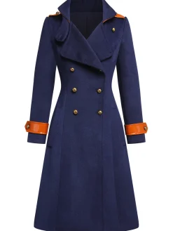 Outlet Retro Stage 1940s Patchwork Button Coat Navy Blue