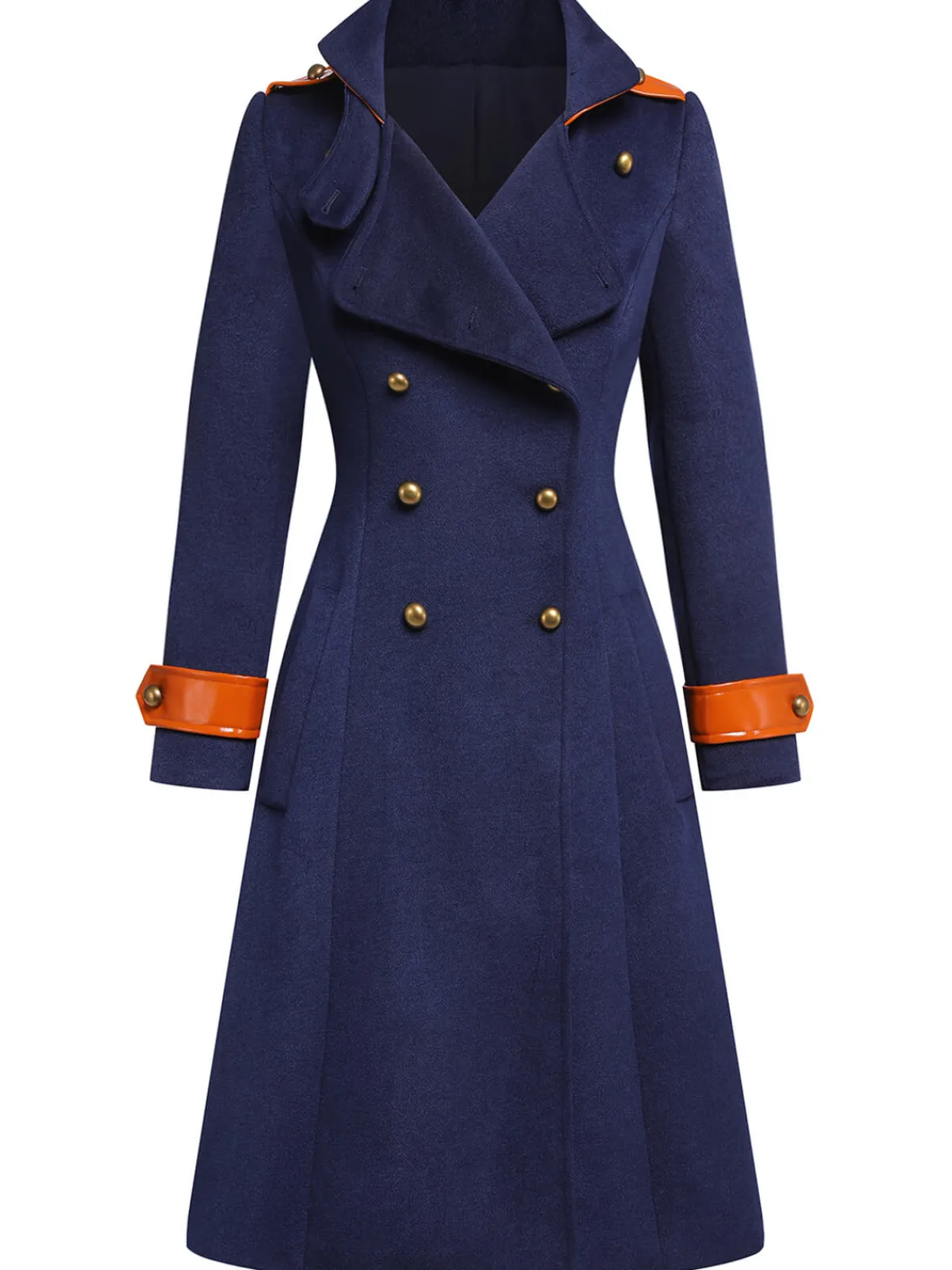 Outlet Retro Stage 1940s Patchwork Button Coat Navy Blue