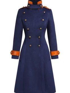 Outlet Retro Stage 1940s Patchwork Button Coat Navy Blue