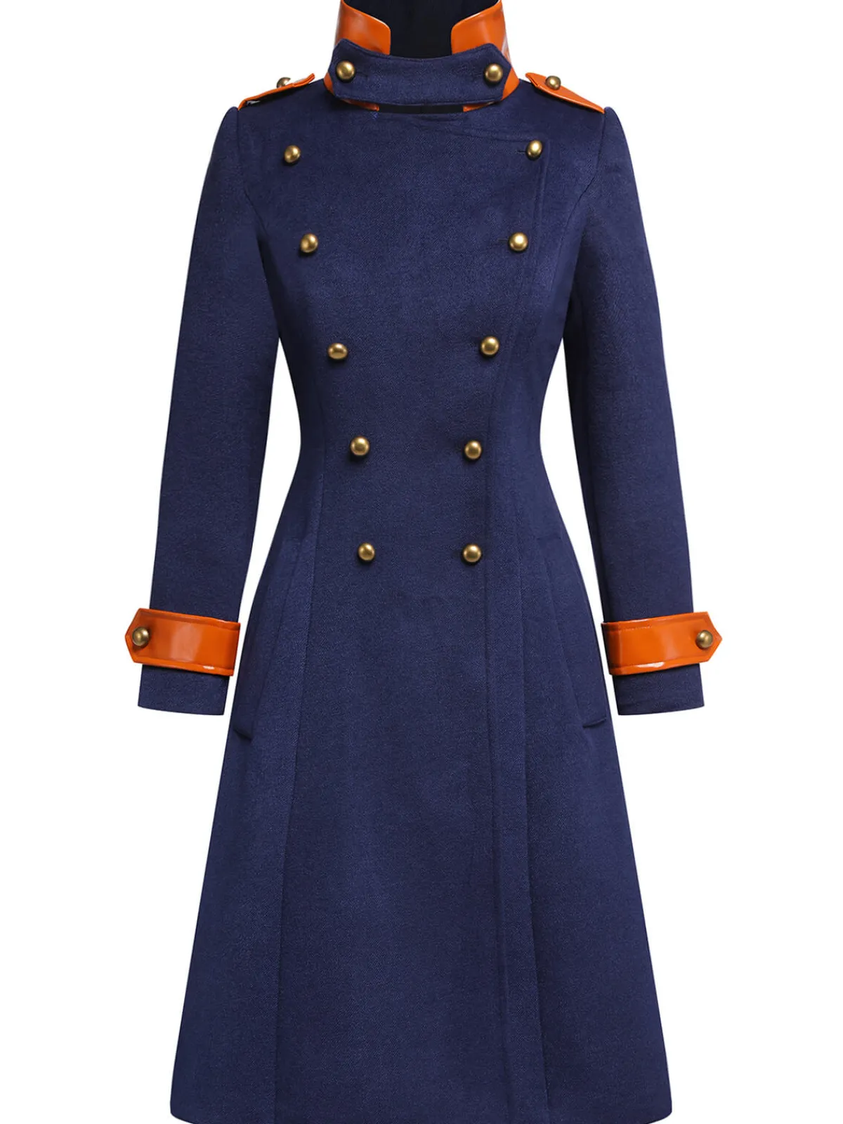Outlet Retro Stage 1940s Patchwork Button Coat Navy Blue