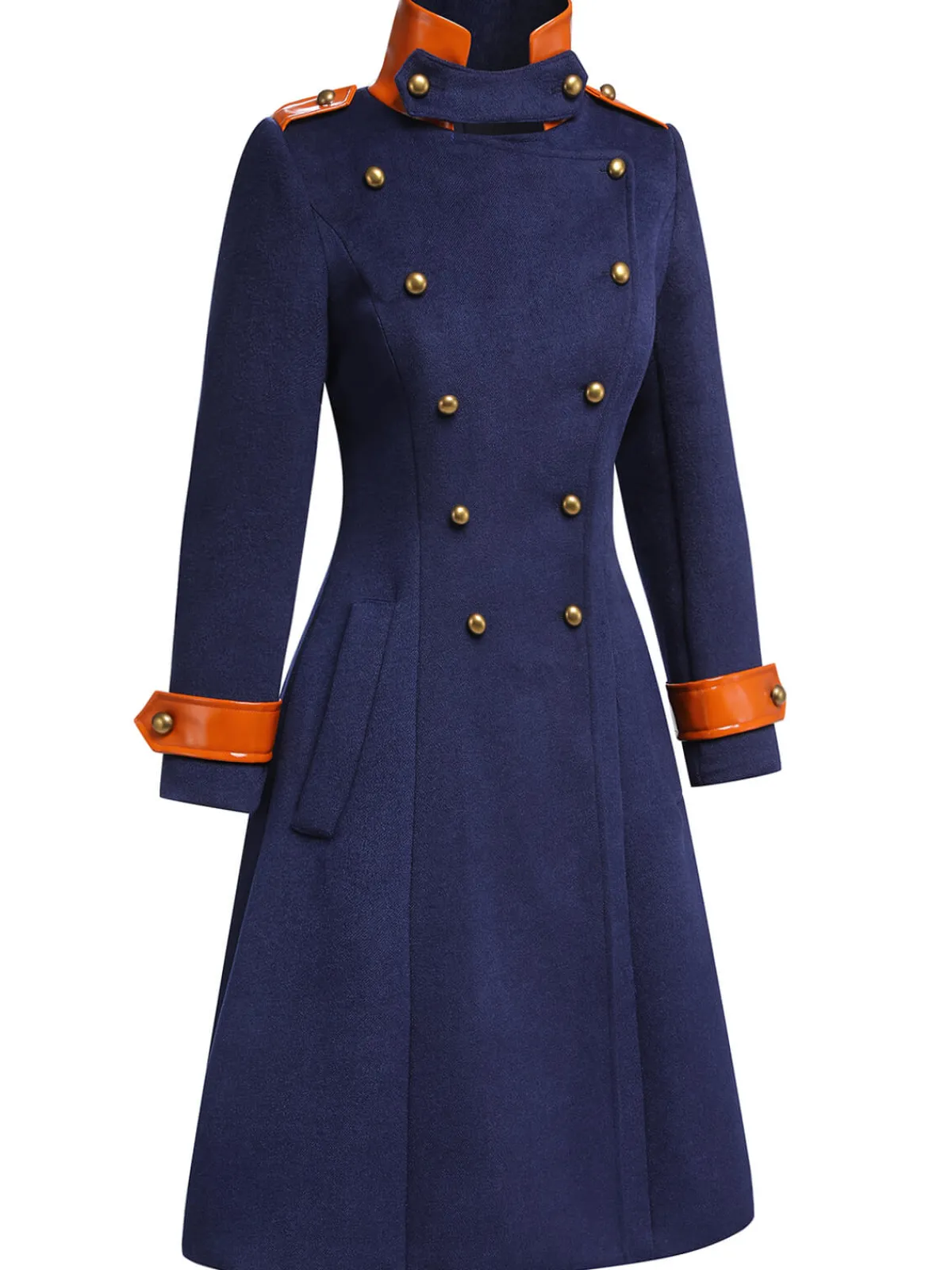 Outlet Retro Stage 1940s Patchwork Button Coat Navy Blue
