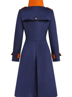 Outlet Retro Stage 1940s Patchwork Button Coat Navy Blue