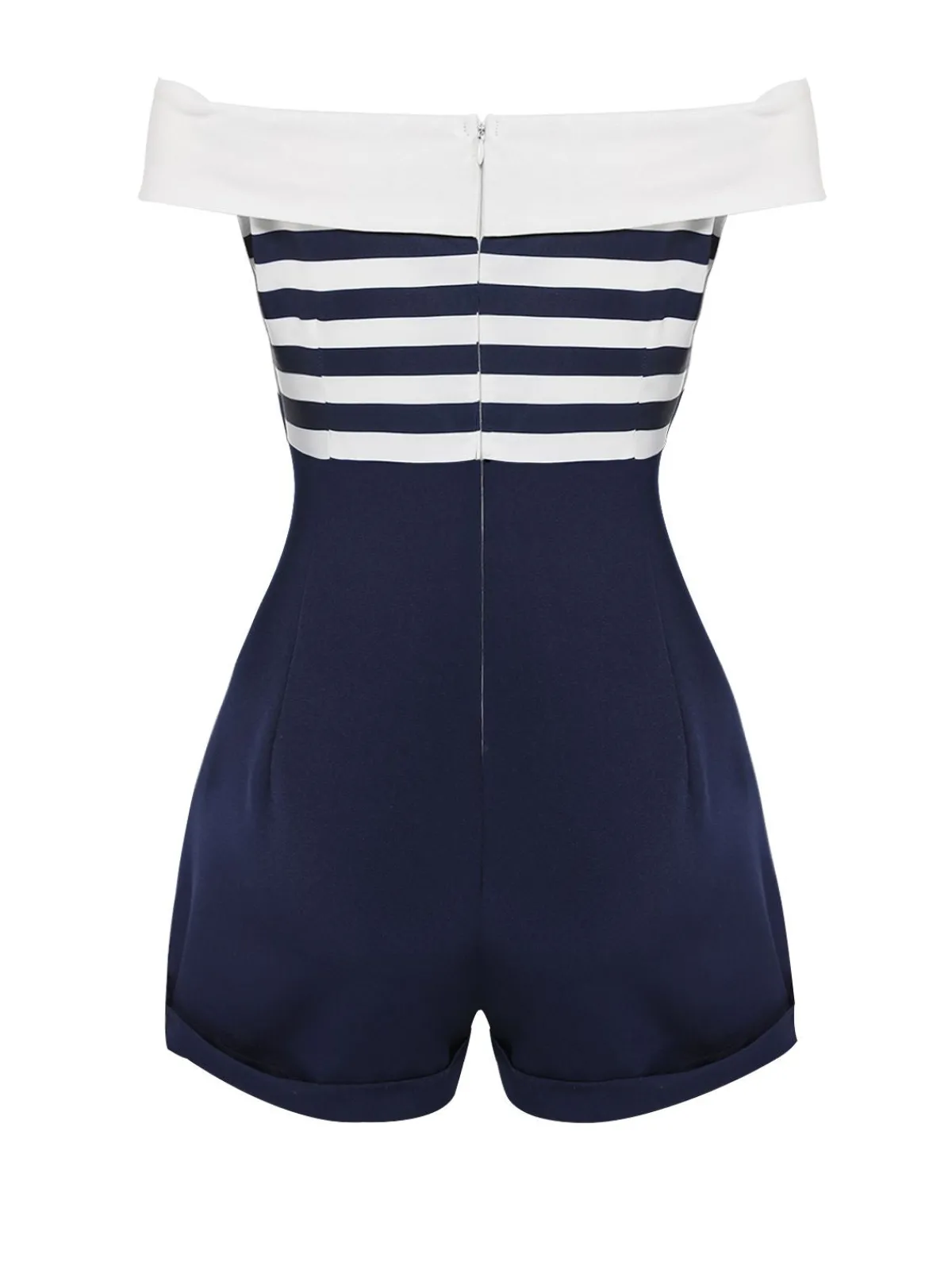 Online Retro Stage 1950s Patchwork Off-shoulder Striped Romper Navy Blue