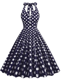 Discount Retro Stage 1950s Polka Dot Halter Dress Navy Blue