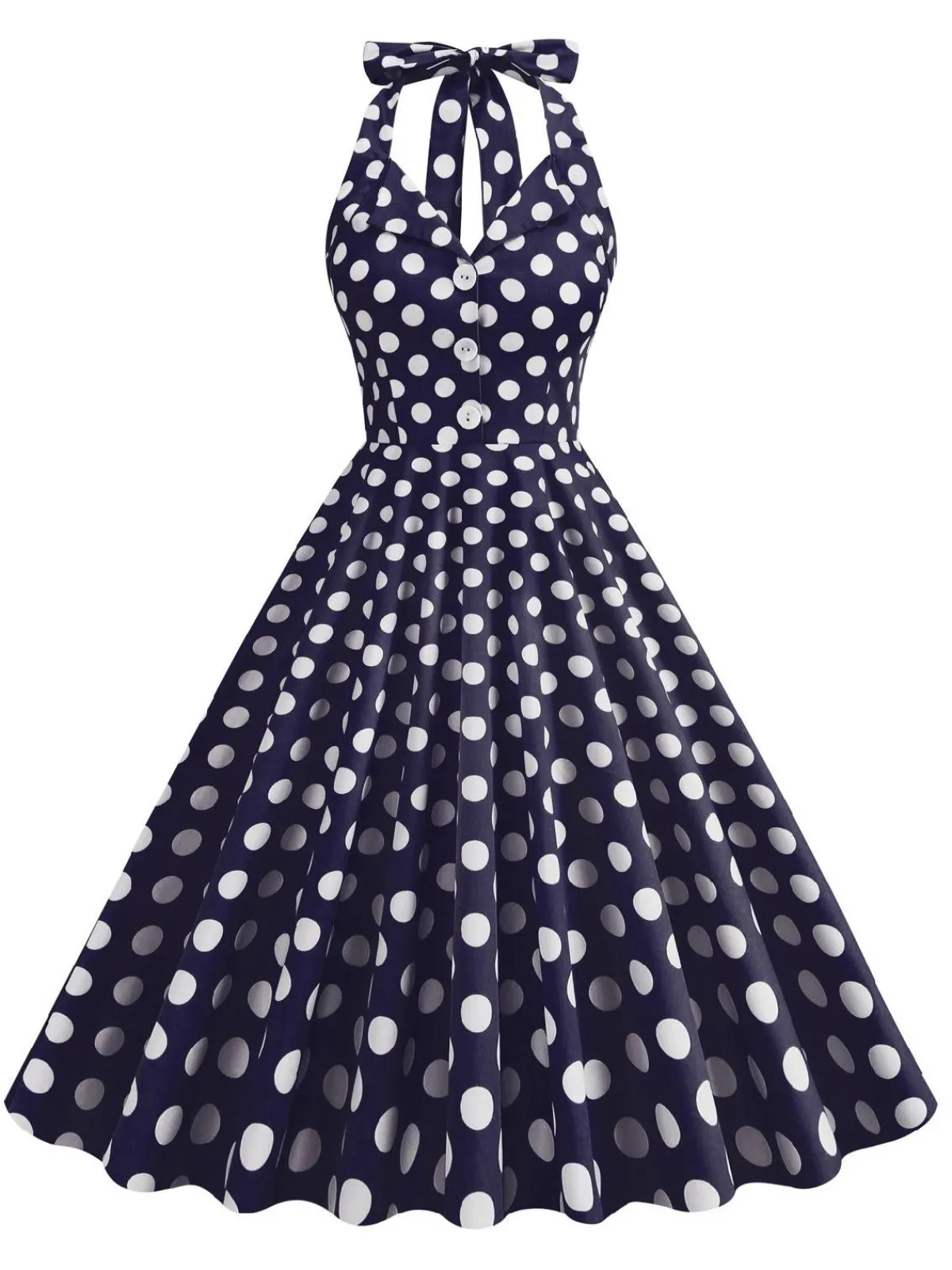 Discount Retro Stage 1950s Polka Dot Halter Dress Navy Blue