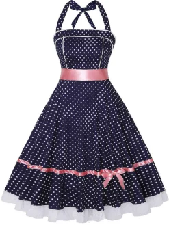 Clearance Retro Stage 1950s Polka Dot Halter Dress Navy Blue