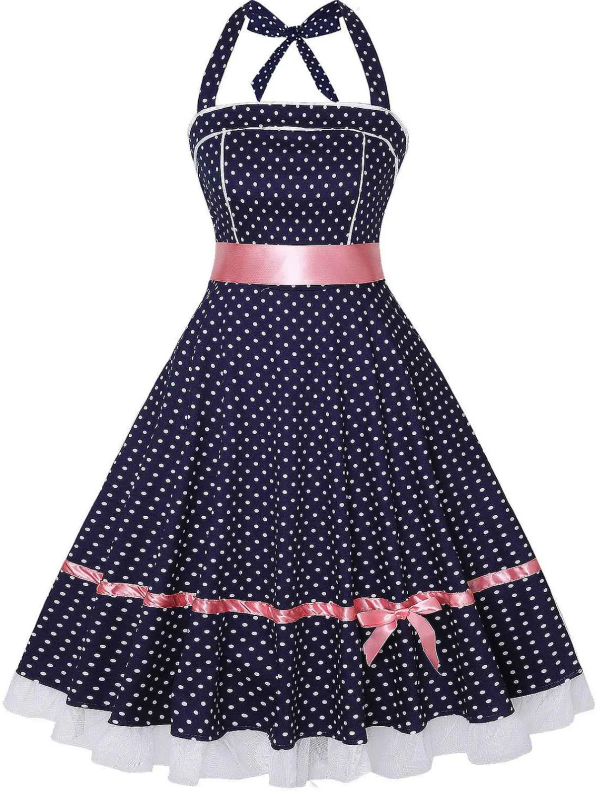 Clearance Retro Stage 1950s Polka Dot Halter Dress Navy Blue