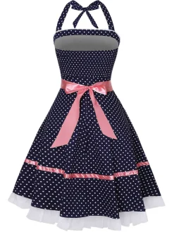 Clearance Retro Stage 1950s Polka Dot Halter Dress Navy Blue