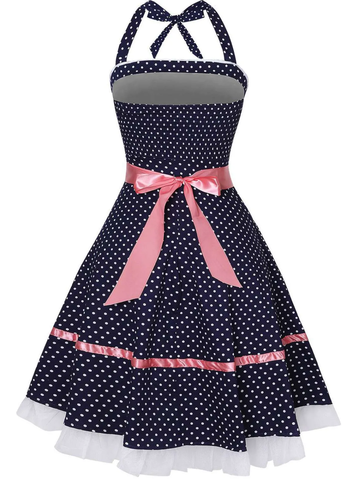Clearance Retro Stage 1950s Polka Dot Halter Dress Navy Blue
