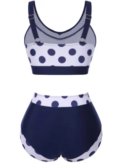 New Retro Stage 1950s Polka Dots High-Waist Swimsuit Navy Blue